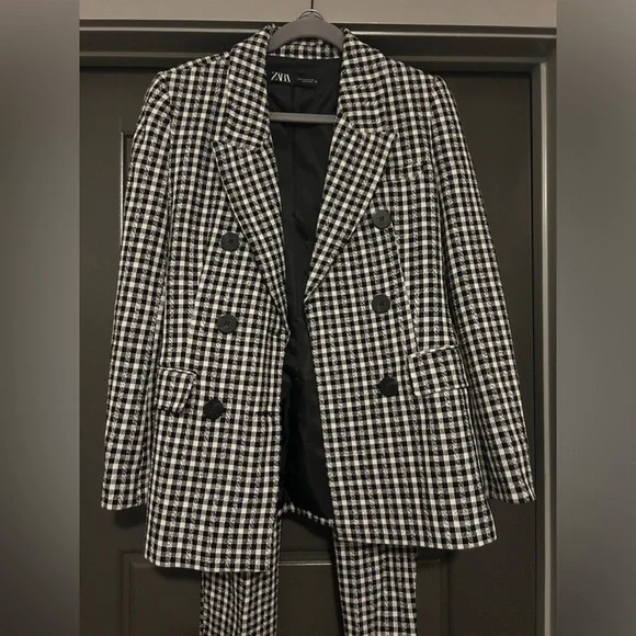 Zara hard to find rare black and white plaid 2 piece pants suit size medium - Picture 2 of 11